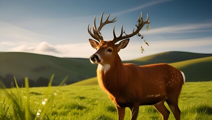 Red deer grazing in the soft glow of the morning sun – warm light, subtle mist, and detailed fur textures, evoking calm and natural beauty.