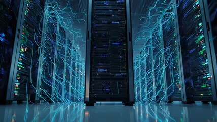 Server room bathed in cool blue light, digital lines weave across server racks - Powered by Adobe