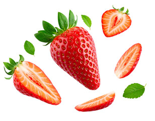 Strawberry with Floating Halves and Leaves, isolated on transparent background
