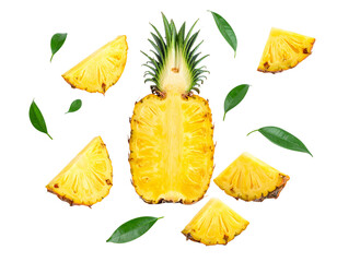 Whole Pineapple with Floating Half Slices, isolated on transparent background