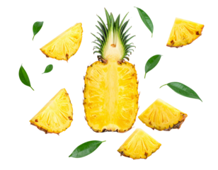 Whole Pineapple with Floating Half Slices, isolated on transparent background