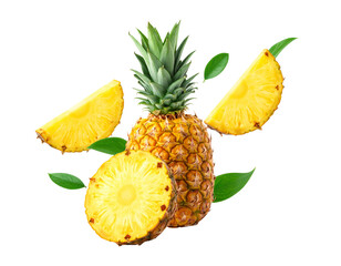 Floating Pineapple with Sliced Pieces and Leaves, isolated on transparent background