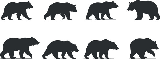 Naklejka premium A collection of bear silhouettes showing various poses and movements in a graphic design..