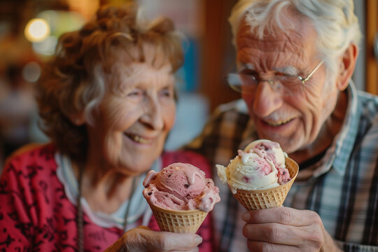 Adorable elderly couple joyfully indulging in delicious ice cream, savoring every delightful spoonful together 