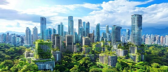 Naklejka premium Brightly lit urban landscape featuring high-rise buildings adorned with greenery.