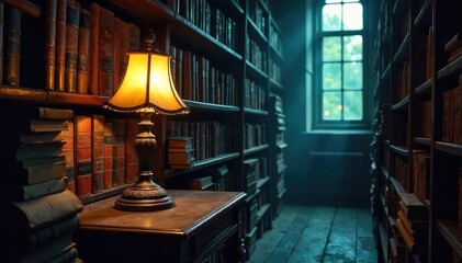 A dimly lit library, old books stacked high, a single antique lamp casting shadows; a mysterious, suspenseful scene perfect for a mystery novel cover , research, hidden, forgotten_history
