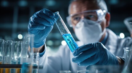 a man in a lab coat and goggles holding a blue liquid