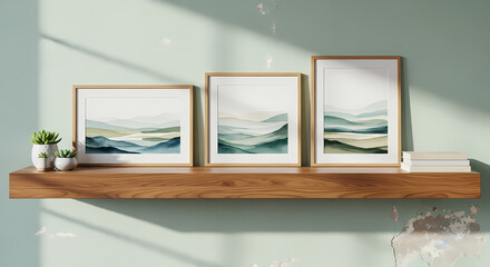 Tranquil watercolor landscape art prints in wooden frames on shelf create calming home decor, perfect for modern minimalist interiors and serene wall art displays