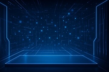 Futuristic stage scene with blue digital light lines and glowing squares, symbolizing data flow and transmission.