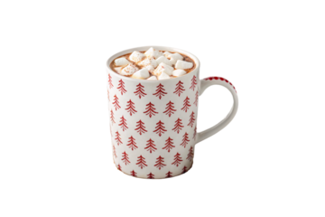 White mug decorated with repeating red tree motifs containing hot cocoa topped with marshmallows, isolated on a transparent background