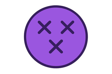 Obraz premium Vector illustration of a purple emoticon with X-shaped eyes and mouth. Dizzy, dead or hurt smiley face icon. Concept for mistake, error, pain, speechless or unconscious.