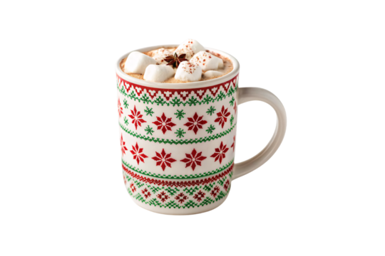 Holiday sweater-style mug containing cocoa with marshmallows, star anise, and festive Nordic snowflake design pattern, isolated on a transparent background