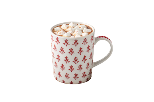 White mug decorated with repeating red tree motifs containing hot cocoa topped with marshmallows, isolated on a transparent background