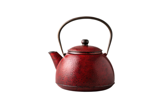 Traditional red cast iron teapot with textured hammered surface, curved handle, and decorative spout design, isolated on a transparent background