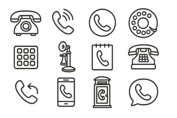 Phone icon set vector illustration. Collection of communication symbols. Old retro rotary telephone, vintage candlestick, modern smartphone, phone booth and call signs.