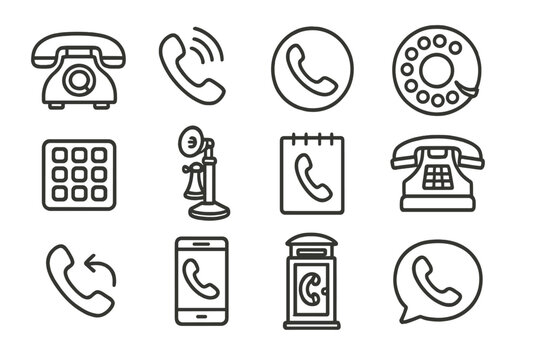 Phone icon set vector illustration. Collection of communication symbols. Old retro rotary telephone, vintage candlestick, modern smartphone, phone booth and call signs.