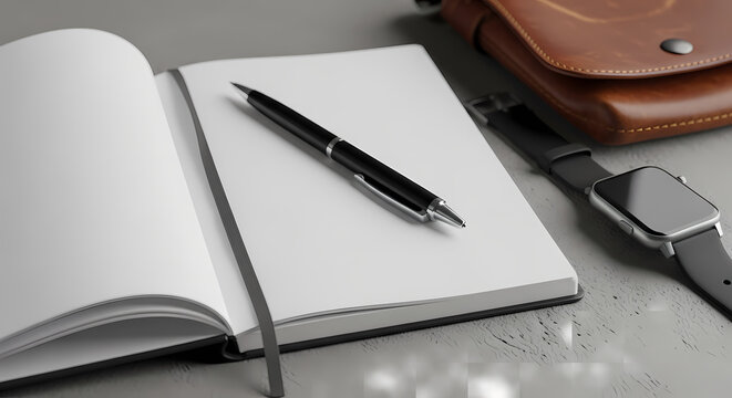 Inspiring workspace setup for focused productivity: Blank notebook, sleek pen, smartwatch, and stylish leather bag for modern professional lifestyle planning - Powered by Adobe