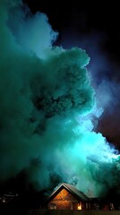 Fototapeta premium Teal smoke enveloping house at night