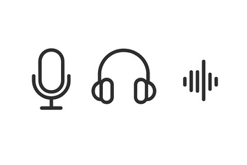 Minimalist audio icon set with microphone, headphones, and sound wave symbols. Vector line art for podcast, music recording, broadcast, and communication app interface design.