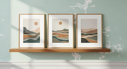Modern minimalist landscape art prints on shelf, bringing a serene and stylish touch to your home decor with calming earth tones and abstract mountain designs