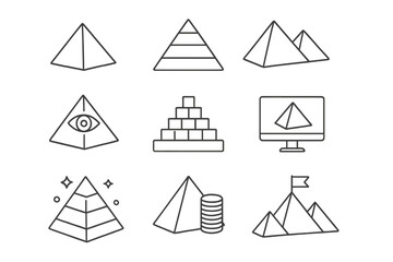 Pyramid line icon set for hierarchy, success and finance. Vector collection includes Egypt pyramids, Eye of Providence, financial scheme, and data structure symbols. Editable stroke.