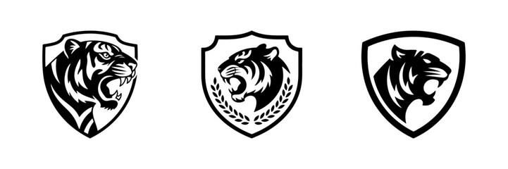 A fierce tiger head mascot inside a shield. A powerful emblem for sports teams, security companies, or any brand wanting to show strength and protection.