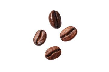 Four whole roasted coffee beans scattered arrangement, displaying natural texture and signature split in center, isolated on a transparent background