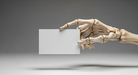 Spooky skeleton hand holding blank white card for your Halloween message