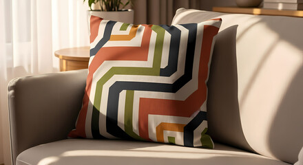 Stylish geometric pillow brightening up a neutral sofa in a sunlit living room, adding a pop of color and pattern to modern home decor ideas