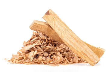Holy wood - Palo santo wood sticks and wooden chips isolated on a white background. Bursera Graveolens.