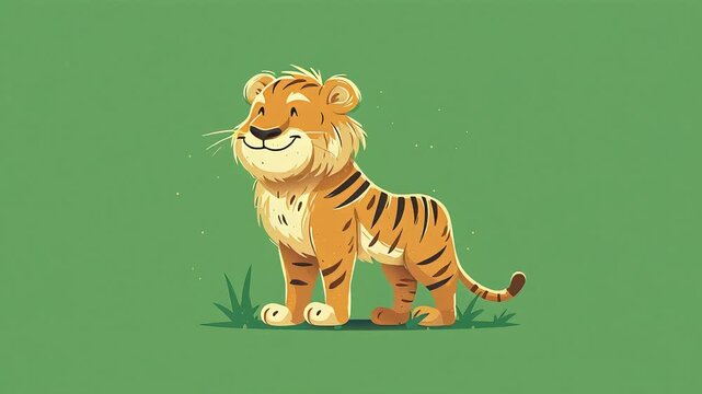 A cartoon vector illustration of a striped baby tiger animal character in the grass, perfect for wildlife and nature art