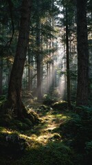 Obraz premium Sunlight filtering through forest trees