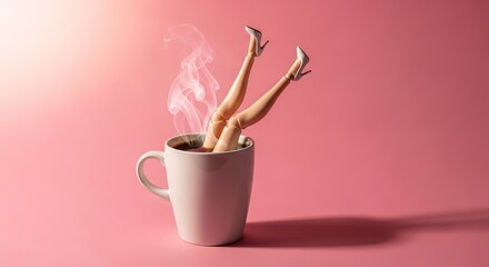 Doll Legs in Heels Emerge from Steaming Coffee Cup on Pink Backg