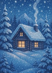 Naklejka premium Cozy cabin snowy night wallpaper.