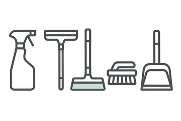 Fototapeta premium Various household cleaning implements such as a spray bottle, squeegee, broom, brush, and dustpan
