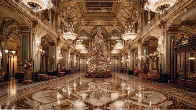 Opulent hotel lobby with grand Christmas tree and sparkling crystal chandeliers, showcasing luxurious festive decorations in a lavish marble setting. Video made using Generative AI.