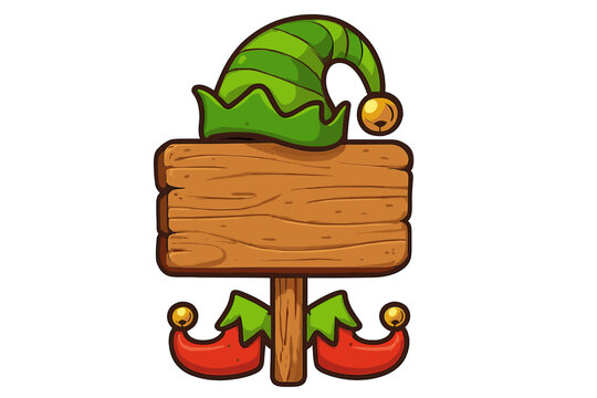 Christmas elf wooden sign. Cartoon holiday vector illustration with blank copy space for text. North pole notice board with elf hat and shoes. Festive Xmas signboard design.