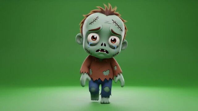 Animated sad zombie character walking loop on green background for Halloween concept