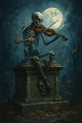 Fototapeta premium Skeleton's Serenade under the Halloween Moon