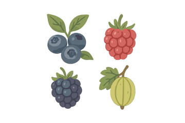 A vibrant collection of fresh organic blueberries, raspberries, blackberries, and gooseberries with natural green leaves
