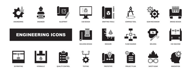 Engineering icon set. Featuring gears, blueprints, tools, machines, and technical process icons. Glyph glyph collection. © Vector4all