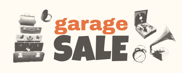 Vintage Garage Sale Vector Illustration with Halftone Effect Featuring Retro Objects