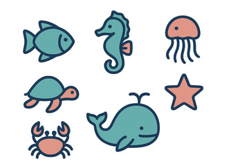 Adorable collection of ocean creatures featuring a fish, seahorse, jellyfish, turtle, whale, crab, and starfish