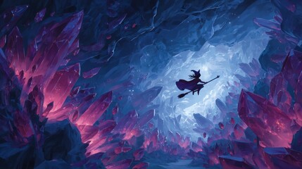 Spooky Witch Flying in Dark Crystal Cave – Enchanted Halloween Fantasy Art