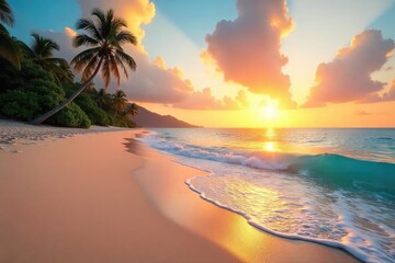 A pristine, empty tropical beach at sunrise  Soft sand, gentle waves lapping the shore, vibrant sky  Perfect for travel, vacation, or relaxation themes  , solitude, turquoise water