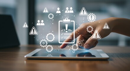 Visualization of data protection with a user activating a holographic interface of alert and process icons on a tablet.