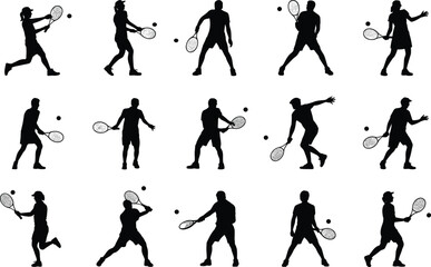 Obraz premium Tennis players silhouettes hitting tennis balls with rackets, sports action, tennis game, athlete movement, outdoor tennis competition, active lifestyle.