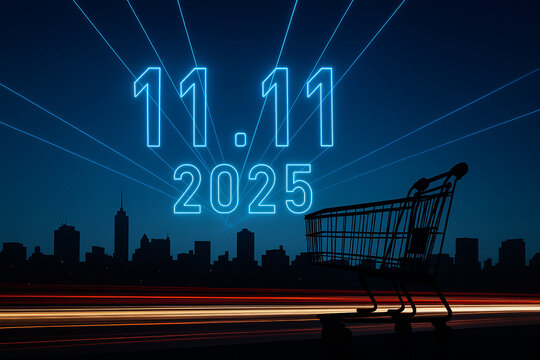 Night skyline with laser beams forming “11.11 2025” and a shopping cart silhouette — Singles’ Day hero header, no people - Powered by Adobe