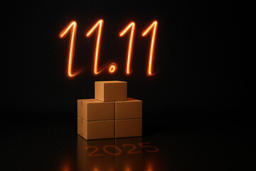 Light-painted “11.11” above stacked shipping boxes with glossy 2025 reflection — photorealistic Singles’ Day 2025 sale scene, brand-free, no people