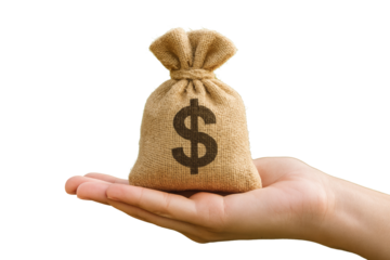Hand Holding a Small Burlap Money Bag with a Dollar Sign on a White Background graphic design isolated on a transparent background